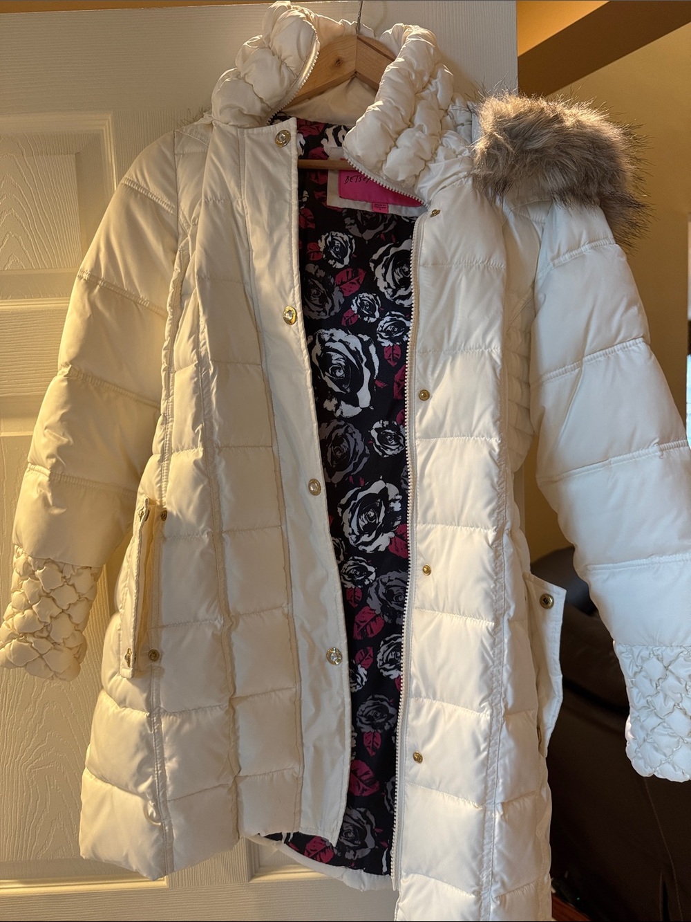 Betsey Johnson Cream Quilted Puffer Coat with Faux Fur Trim